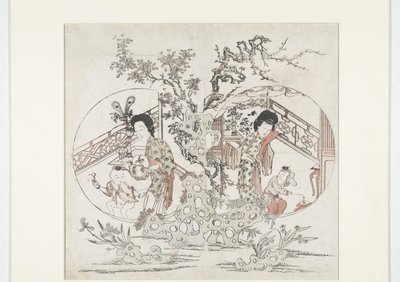 Estampa composta por duas partes, representando: à esquerda o verão com íris e malus e à direita o inverno com narcisos e prunus (gravura de Ano Novo) de Anonymous