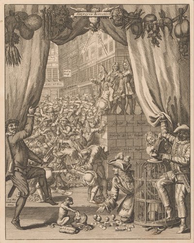 Explicação da placa Arlequim Actionist, 1720 Arlequyn Actionist (título no objeto) Explicação do Tytelplaat, para Arlequyn Actionist (título no objeto) A Grande Cena da Loucura (título da série) de Anonymous