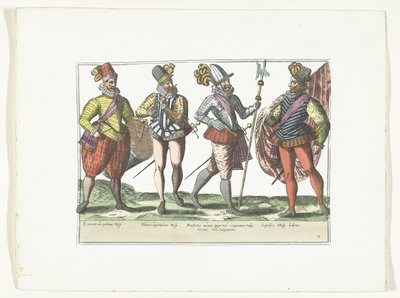 Quatro soldados espanhóis de uniforme, c. 1580 Trajes militares Espagnols (título no objeto) de Anonymous