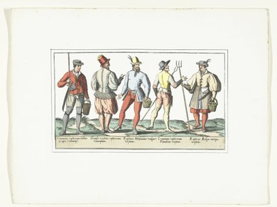 Quatro camponeses vestidos de acordo com a moda actual e um depois da moda antiga, c. 1580
Modos de rustiques (título sobre o objecto) de Anonymous