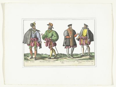 Quatro homens vestidos de acordo com a moda alemã, c. 1580
Fantasias Allemands (título sobre o objecto) de Anonymous