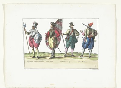 Quatro soldados de uniforme de acordo com a moda nos Países Baixos e Inglaterra, c. 1580
Costumes militaires des Pays-Bas (título sobre o objecto) de Anonymous