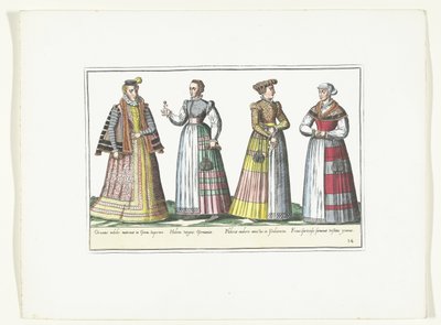 Quatro mulheres vestidas à moda alemã, c. 1580 Costumes Allemands (título no objeto) de Anonymous