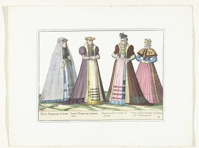 Quatro mulheres vestidas de acordo com a moda alemã em Frankfurt, c. 1580
Fantasias Allemands (título sobre o objecto) de Anonymous