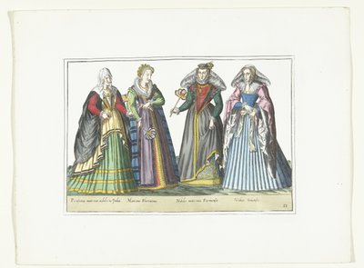 Quatro mulheres vestidas de acordo com a moda italiana, c. 1580
Fantasias Italiens (título sobre o objecto) de Anonymous