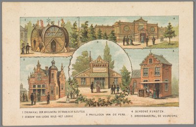 Cinco pavilhões na Feira Mundial em Amesterdão, 1883
1 Sala de bebidas da cervejaria De Haan & De Keys. 2 Edifício de Lucas Bols - Het Loosie. 3 Pavilhão da Imprensa. 4 Belas Artes. 5 Padaria De Voorzorg. (título sobre o objecto)
Memória aa de Anonymous