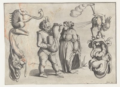 Mulher e monstro masculino com jarro e copo Figuras grotescas cercadas por uma linha de enquadramento (título da série) de Anonymous