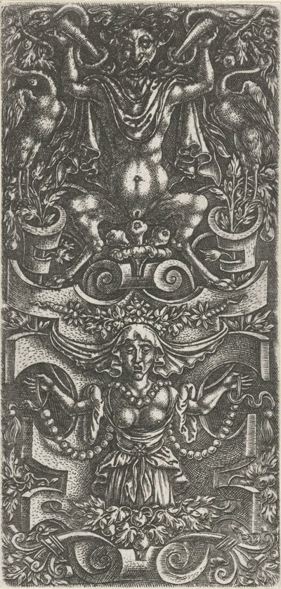 Mulher com um lenço na cabeça e uma guirlanda de contas para uma construção de pergaminho Decorações de superfície com grotescos em arabescos (título da série) de Anonymous