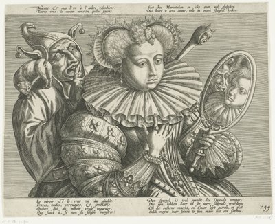 Mulher com espelho e bobo: escárnio do precioso colarinho pregueado, c. 1600 de Anonymous