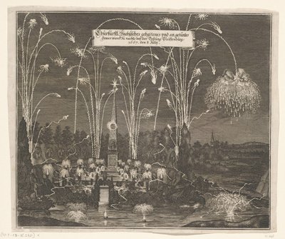 Vuurwerk bij de Pleißenburg, 8 juli 1667
Churfürstl: Sachsisches gehaltenes und an gezüntes Fewer werck zu nachts beij der Vestung Pleissenburg, 1667, den 8. Jullij (título sobre o objecto) de Anonymous