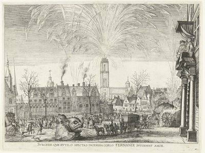 Fogos de artifício; entrada de Ferdinand em Gand em 1635 (nº 41)
Surgere quae rutilo spectas incendia coelo Fernandi succendit amor (título sobre o objecto)
Ignium nocturnorum em Hippodromo & turri imago de Anonymous