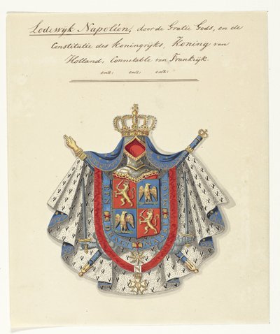 Brasão de armas de Louis Napoleon Bonaparte, Rei da Holanda
Louis Napoleon, pela graça de Deus, e a constituição do reino, rei da Holanda, connetable da França (título sobre o objecto) de Anonymous