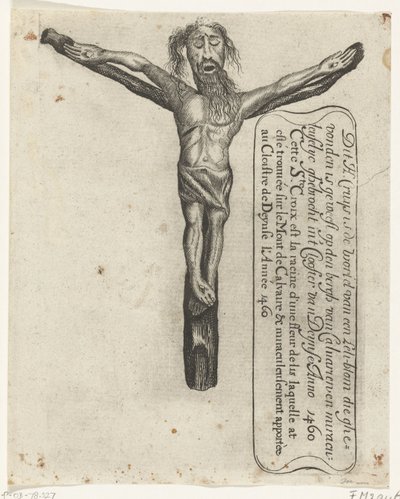 Crucifixo milagroso no mosteiro de Deinze, 1460 Este H. Cruys é a raiz de um Leli-blom que foi encontrado em den Bergh van Calvarien e Miraculeuselyc ghebrocht em Clooster van Deynse Anno 1460 (título no objeto) de Anonymous