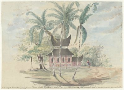 Casa de Radja Batipo, demolida e queimada para sua punição e castigo como chefe e líder da revolta no Padangsche Bovenlanden no ano de 1841 (título no objeto) de Anonymous