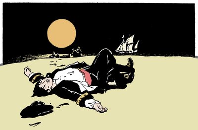 Um capitão morto por piratas é abandonado numa ilha, o navio pirata afasta-se no horizonte Ilustração de "The Boys Books of Pirates" 1913 de Anonymous Anonymous