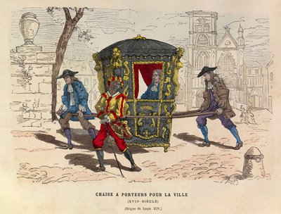Uma cadeira com utente para a cidade sob o reinado do rei Luís XIV no século XVII - Cadeira Sedan para uso na cidade, reinado do rei Luís XIV de França Século XVII - colecção privada de Anonymous Anonymous