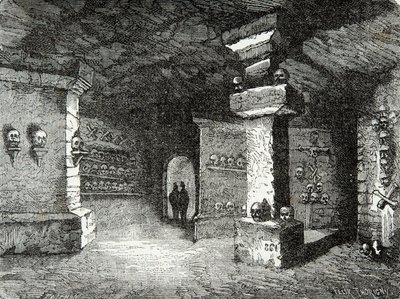 Uma galeria de catacumbas em Paris no século XIX, Gravura, Colecção privada de Anonymous Anonymous