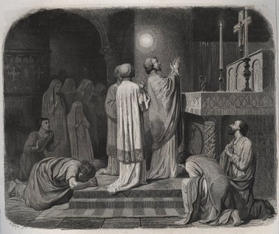Um globo de fogo aparece acima de SAINT MARTIN eveque de Tours (316-397) enquanto ele trabalha. Gravura de 1846 em "Vidas dos Santos". Coleção privada. de Anonymous Anonymous