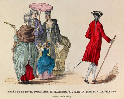 Uma alta família burguesa caminhando e um soldado em vestido de cidade em 1760 (regne of King Louis XV) - coleção particular de Anonymous Anonymous