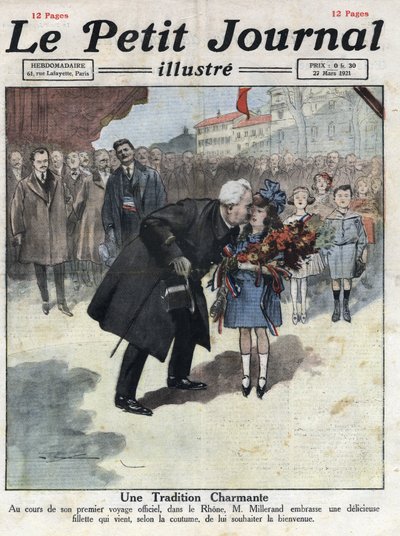 Uma menina oferece um bouquet de cores tricolores ao Presidente da República Alexandre Millerand durante uma das suas deslocações no Ródano. Ilustração retirada do "Le petit journal" de 27/03/1921. Coleção Particular de Anonymous Anonymous