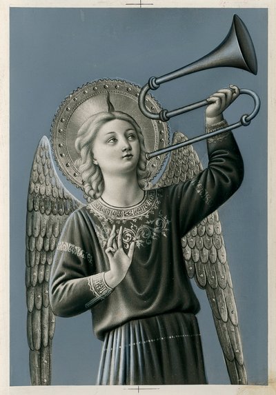 Um anjo músico tocando trombone (impresso) de Anonymous Anonymous