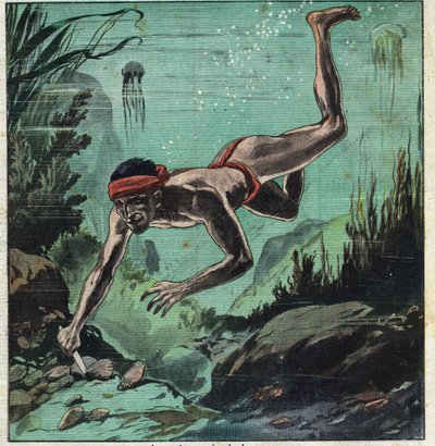 Um pesquisador de pérolas arriscando sua vida nos mares tropicais do Ceilão e Polinésia para fornecer elegância com colares e jóias. Ilustração retirada do "Le Petite Journal" 11/03/1923 Coleção particular. de Anonymous Anonymous
