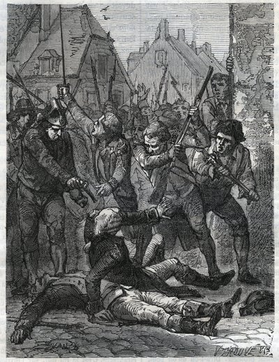 Uma cena durante o período da revolução francesa: Theobald de Dillon (1745-1792) e um oficial genial chamado Berthois, foram massacrados pelos soldados e pelo povo de Lille, que os acusaram de traição. Gravura de 1866 em "Histoire de la Revolution fr de Anonymous Anonymous