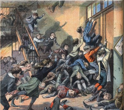 Uma escola incendiada em Cleveland (Estados Unidos). Gravura do jornal "Le Petite Parisien", 22/03/1908. Coleção privada. de Anonymous Anonymous