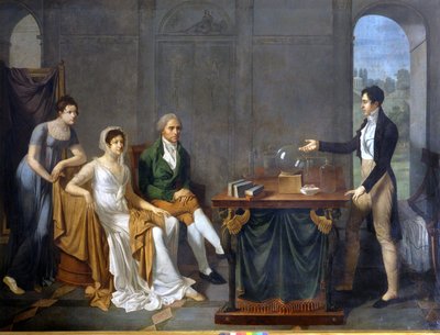 Um cientista (provavelmente Alessandro (Alexandre) Volta) a fazer uma experiência científica em frente à família Melzi Deril. Uma pintura anônima. . de Anonymous Anonymous