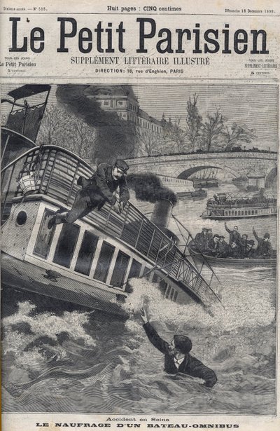 Acidente no Sena em Paris - O afundamento de um barco Omnibus: a tripulação do barco salta para o Sena para escapar. Le Petit Parisien, em 18/12/1898. de Anonymous Anonymous