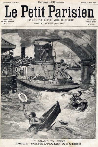 Acidente no Sena: duas pessoas em um barco afogado. No "Le Petit Parisien" em 25/04/1897. de Anonymous Anonymous