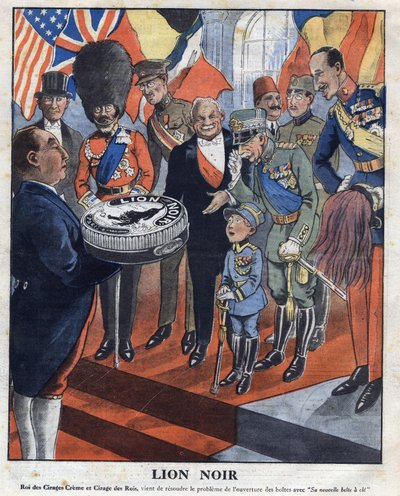 A publicidade para o polidor "Leão Negro", o "Rei do Creme Brilho e Brilho dos Reis", acaba de resolver o problema de abrir caixas com "Sua nova caixa de chaves". Da esquerda para a direita, podemos ver: Presidente dos EUA Calvin Coolidge (1872-1933), Rei  de Anonymous Anonymous
