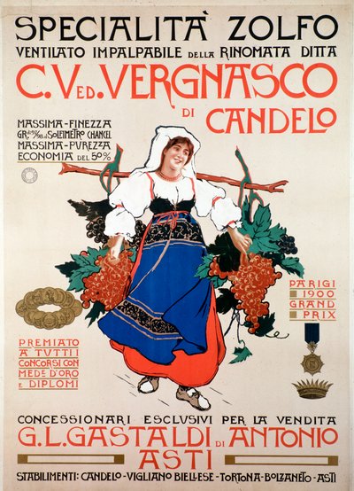 Cartaz publicitário para o fungicida enxofre com neve produzido pela empresa italiana Vergnasco Candelo, Século XX de Anonymous Anonymous