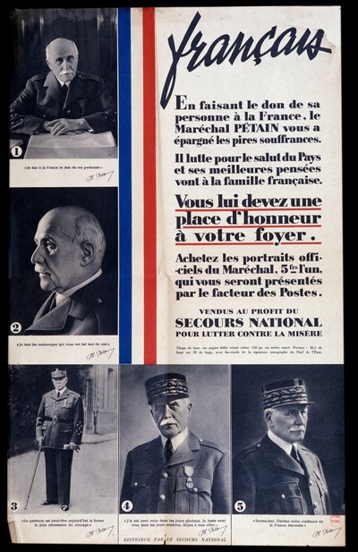 Cartaz publicitário para a venda de retratos do Marechal Philippe Petain durante a Segunda Guerra Mundial e elogio ao Petain (vendido em benefício da ajuda nacional para combater a pobreza) de Anonymous Anonymous
