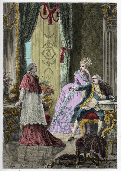 Caso do Colar da Rainha (1785-1786): Cardeal Louis Rene Edouard de Rohan (1734-1803) perante o Rei Luís XVI (1754-1793) e a Rainha Maria Antonieta (1755-1793) de Anonymous Anonymous