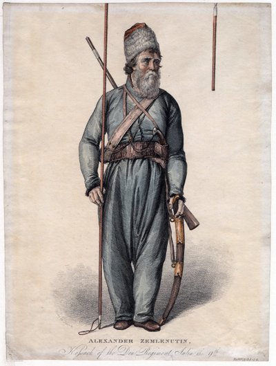 Alexander Zemlyanukhin, cossaco do Regimento Don - Anónimo - ca 1813 - Gravura, aguarela - 34,3x25,3 - Colecção Privada de Anonymous Anonymous