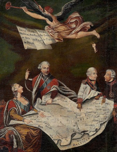 Alegoria da divisão da Polónia entre Catarina II da Rússia (1729-1796), Estanislau II de Agosto (Stanislaw August Poniatowski de Anonymous Anonymous