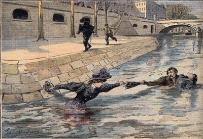 Um resgate engenhoso: perto da ponte do Santo Padre, uma mulher que se precipitou no Sena é salva por um homem que ajudou outra mulher. Gravura do jornal "Le Petite Parisien", 8/03/1908. Coleção privada. de Anonymous Anonymous