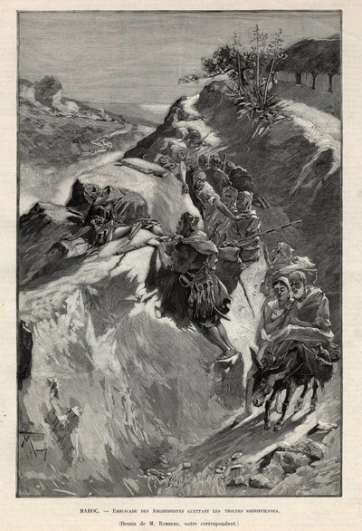 Andjera insurreição da montanha em Marrocos: emboscada de Angherrists à espera das tropas xeriffianas. Gravura em "Le monde illustree" de 1892. Colecção privada. de Anonymous Anonymous