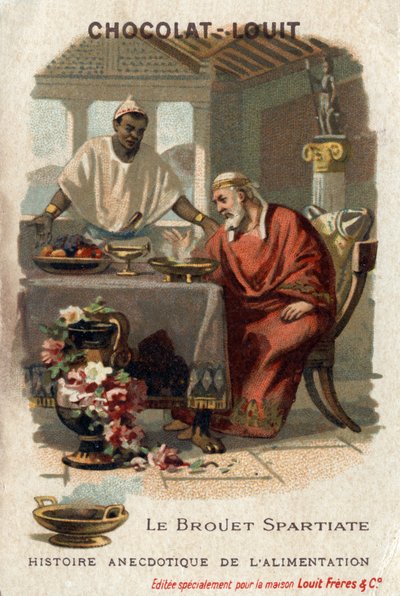 História anedótica da comida: o carrinho de mão espartano. Nega o Ancião (431-367 AC), tirano de Siracusa detestava o carrinho de mão quando ele o provava. O cozinheiro respondeu que ele não deve ter fome o suficiente para apreciá-la. Cromolitografia de Ch de Anonymous Anonymous