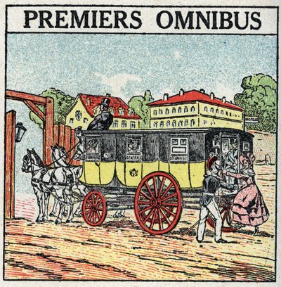 Tracção animal: primeira vez que o Omnibus surgiu em França sob Charles X (1824-1830). Ilustração anónima a partir de 1925. Coleção privada. de Anonymous Anonymous