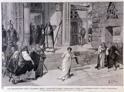 Antigona condenada à morte. Cena da peça Antigine, com música de Camille Saint-Saens, interpretada em Paris. de Anonymous Anonymous