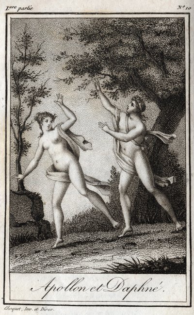 Apollo e Daphne. A ninfa Daphne transforma-se num loureiro para escapar ao Apollo. Gravura de 1819 em "Lettres a Emilie sur la mythologie" de Charles Albert Demoustier (1760-1801). Coleção privada. de Anonymous Anonymous