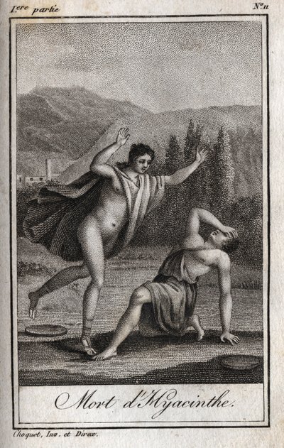 Apolo e Jacinto (Morte de Jacinto) Gravura de 1819 em "Lettres a Emilie sur la mythologie" de Charles Albert Demoustier (1760-1801). Coleção particular. de Anonymous Anonymous