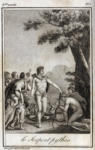 Apollo e a cobra Python no Monte Parnassus. Gravura de 1819 em "Lettres a Emilie sur la mythologie" de Charles Albert Demoustier (1760-1801). Coleção privada. de Anonymous Anonymous