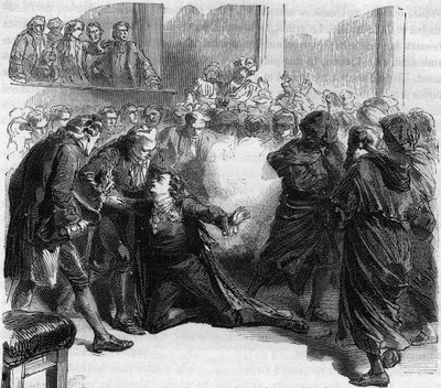 Assassinato de Gustav III da Suécia - Assassinato de Gustav (Gustave) III (1746-1792) Rei da Suécia, durante o Baile de Máscaras da Ópera Real de Estocolmo de Jacob Johan Ankarstrom - Gravura no "Histoire des Girondins" de Alphonse de Lamartine (1790- de Anonymous Anonymous