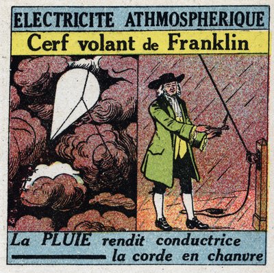 Electricidade atmosférica: O veado voador de Benjamin Franklin (1706-1790) no verão de 1752. Ilustração anônima de 1925. Coleção privada. de Anonymous Anonymous