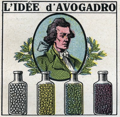 Átomos: A ideia de Amedeo Avogadro (1776-1856). Ilustração anônima de 1925. Coleção privada. de Anonymous Anonymous