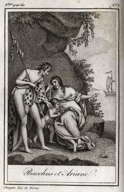 Bacchus et Ariane (Bacchus e Ariadne) Gravação de 1819 em "Lettres a Emilie sur la mythologie" de Charles Albert Demoustier (1760-1801). Coleção particular. de Anonymous Anonymous