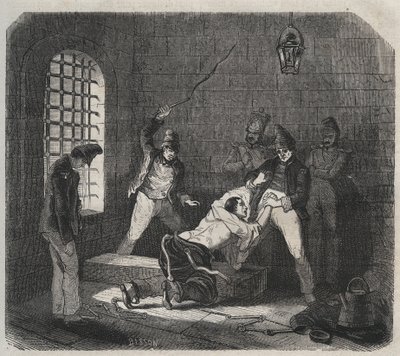Bagne de Brest: caning. Gravura em "Histoire des bagnes depuis leur création à nos jours" (1877) de Pierre Zaccone (1817-1895) (Colonia Penale - colônia penal). Colecção privada. de Anonymous Anonymous
